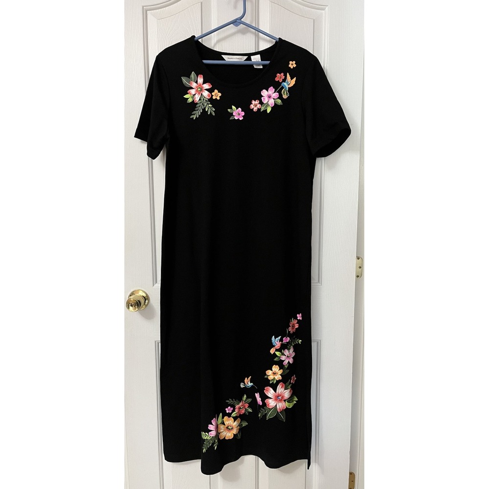 Draper's & Damon's‎ Floral Graphic Print Dress Midi T-shirt Black Boho Sz Large